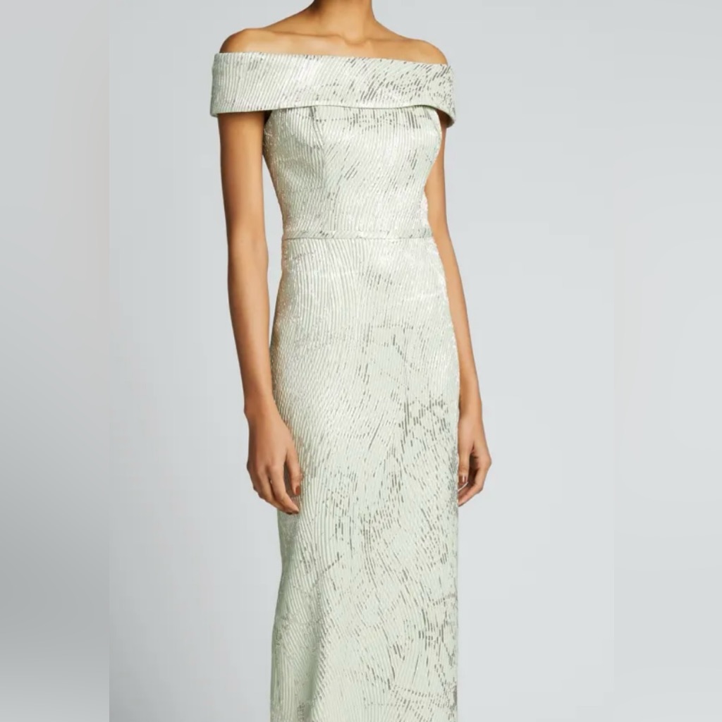 Rickie Freeman For Teri Jon Off-Shoulder Sequin Gown In Pale Mint Green